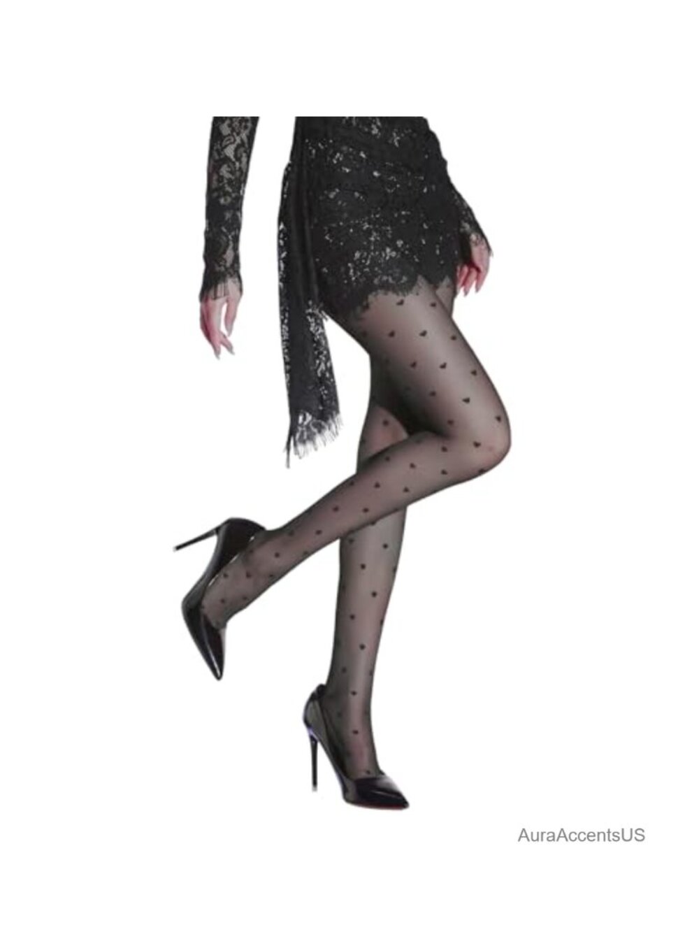 Women's 15D Sheer Pantyhose with Hearts Polka Dots Pattern, Ultra Stretch
